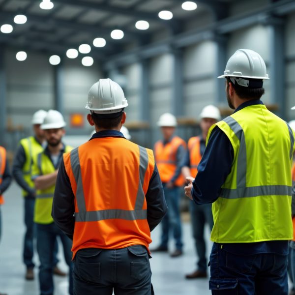 Industrial workers gather in large warehouse for safety training. Workers wear safety vests hard hats. Instructor guides training. Group listens attentively. Pro training session on safety